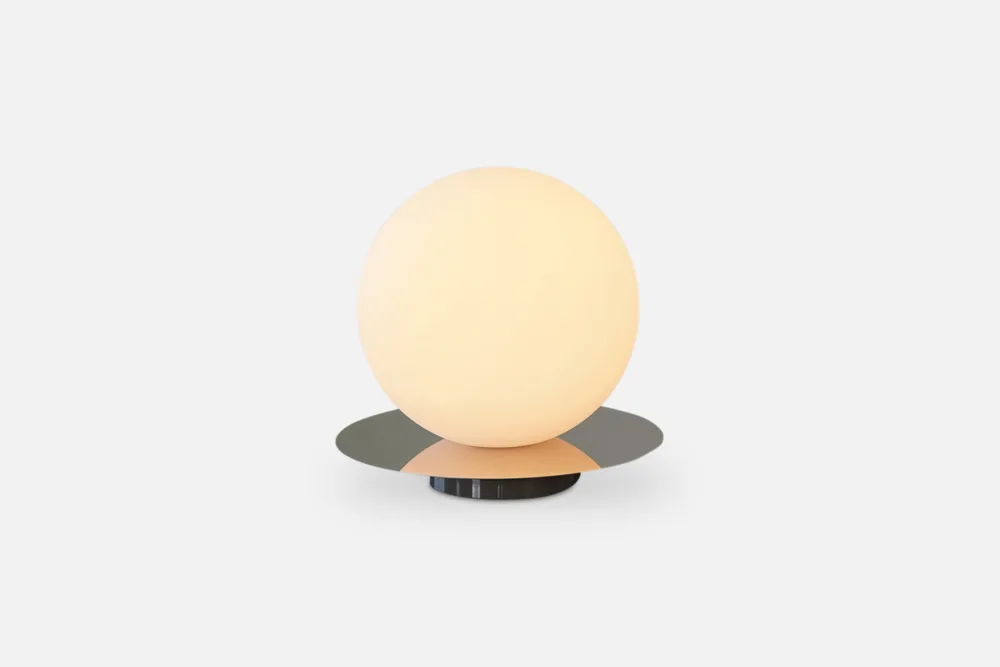 Pablo Bola Sphere Table Lamp - Modern minimalist white glass globe lamp on a chrome base for contemporary living spaces.