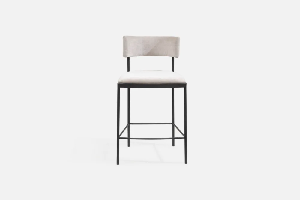 Curved Back Fabric and Metal Frame Barstool: Comfortable curve fabric barstool, combining style and softness for a cosy dining ambience. Explore our range of fabric seating choices at Bradfords, Auckland, New Zealand.