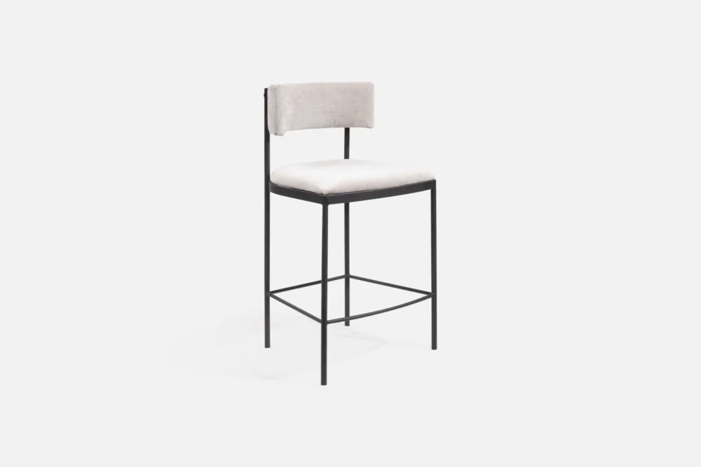 Curved Back Fabric and Metal Frame Barstool: Comfortable curve fabric barstool, combining style and softness for a cosy dining ambience. Explore our range of fabric seating choices at Bradfords, Auckland, New Zealand.