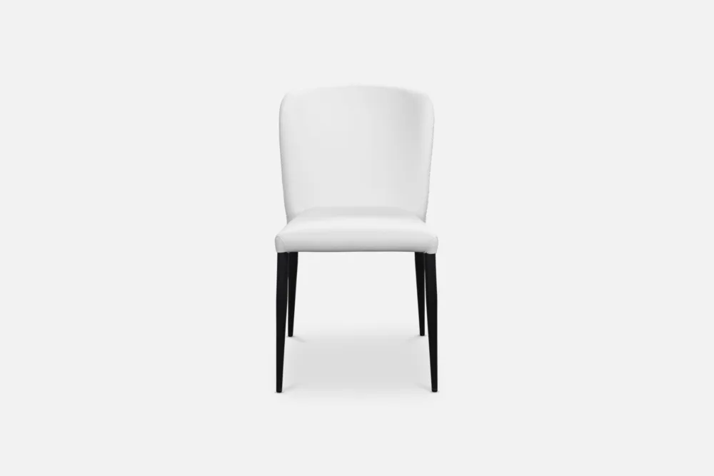 Sleek white PU dining chair, providing a stylish and affordable seating solution for your dining area. Discover our PU leather seating options at Bradfords, Auckland, New Zealand.