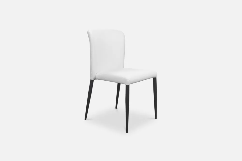 Sleek white PU dining chair, providing a stylish and affordable seating solution for your dining area. Discover our PU leather seating options at Bradfords, Auckland, New Zealand.