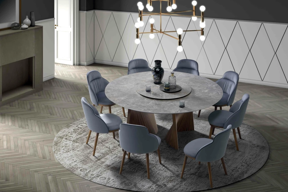 Round Ceramic Top Dining Table with Wood Slat Base: Elegant dining table features a ceramic top, combining beauty with practicality. Discover our ceramic top tables at Bradfords, Auckland, New Zealand. Italian made and designed by Natisa.