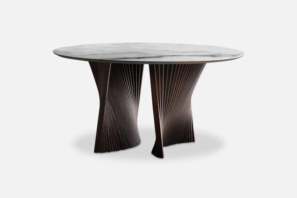 Round Ceramic Top Dining Table with Wood Slat Base: Elegant dining table features a ceramic top, combining beauty with practicality. Discover our ceramic top tables at Bradfords, Auckland, New Zealand. Italian made and designed by Natisa.