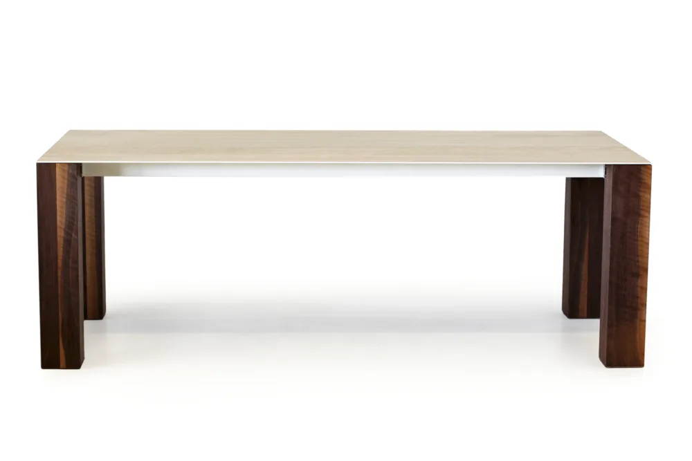 Versatile expandable extension dining table, providing flexibility for accommodating extra guests when needed. Italian designed and made with white ceramic and wooden legs. Discover our expandable table options at Bradfords, Auckland, New Zealand.